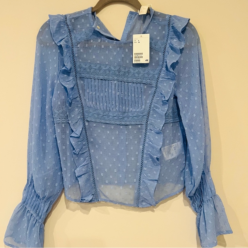 NWT H&M light blue periwinkle girly long sleeve chiffon sheer flowy blouse